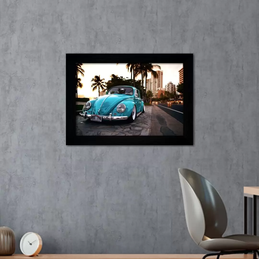 Quadro Decorativo Fusca Azul - Moldura Preta -