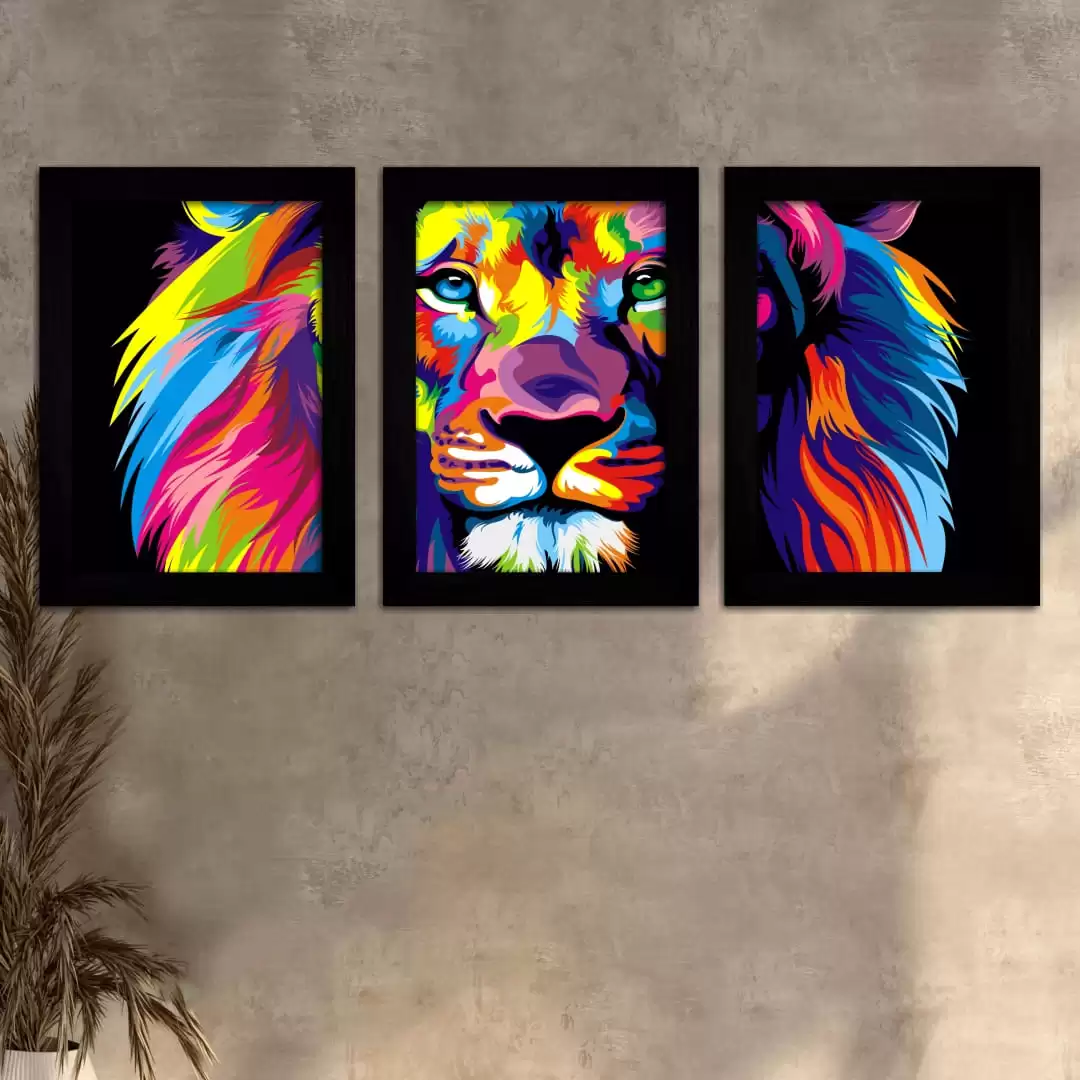 Kit-3 Quadros Leão Colorido - Moldura Preta -