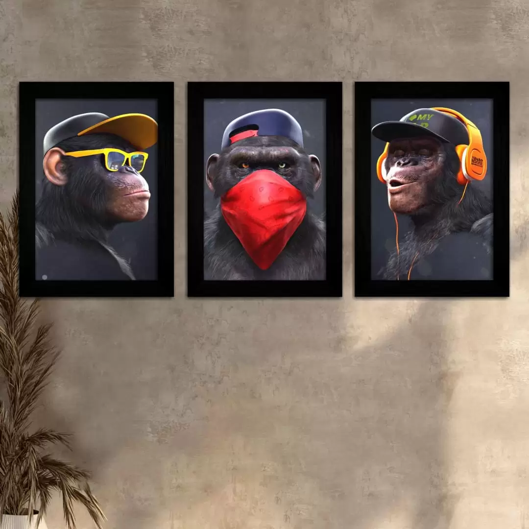 Kit 3 Quadros - Macacos - Moldura Preta -