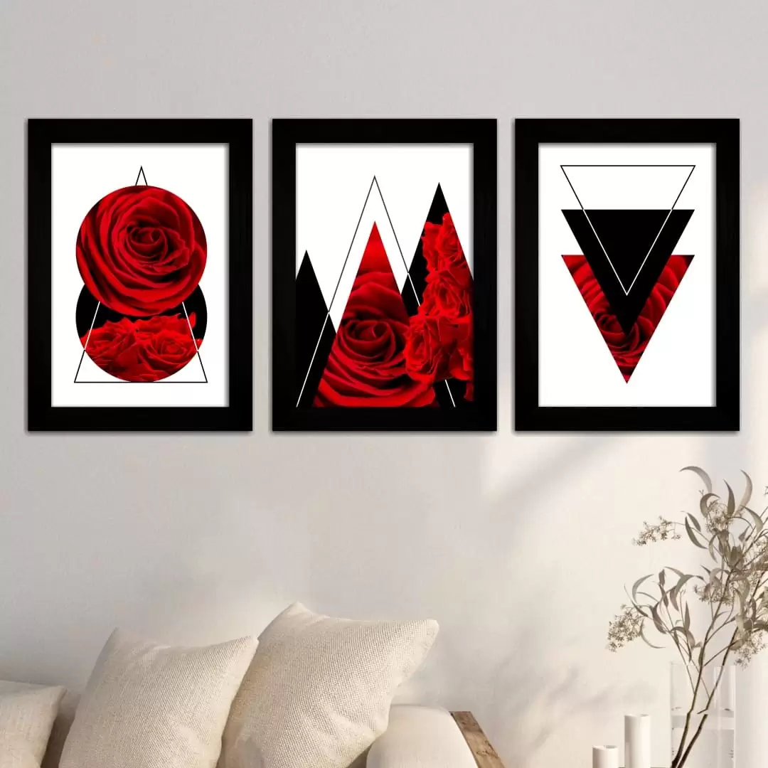 Kit 3 Quadros Rosas-Geométrica - Moldura Preta -