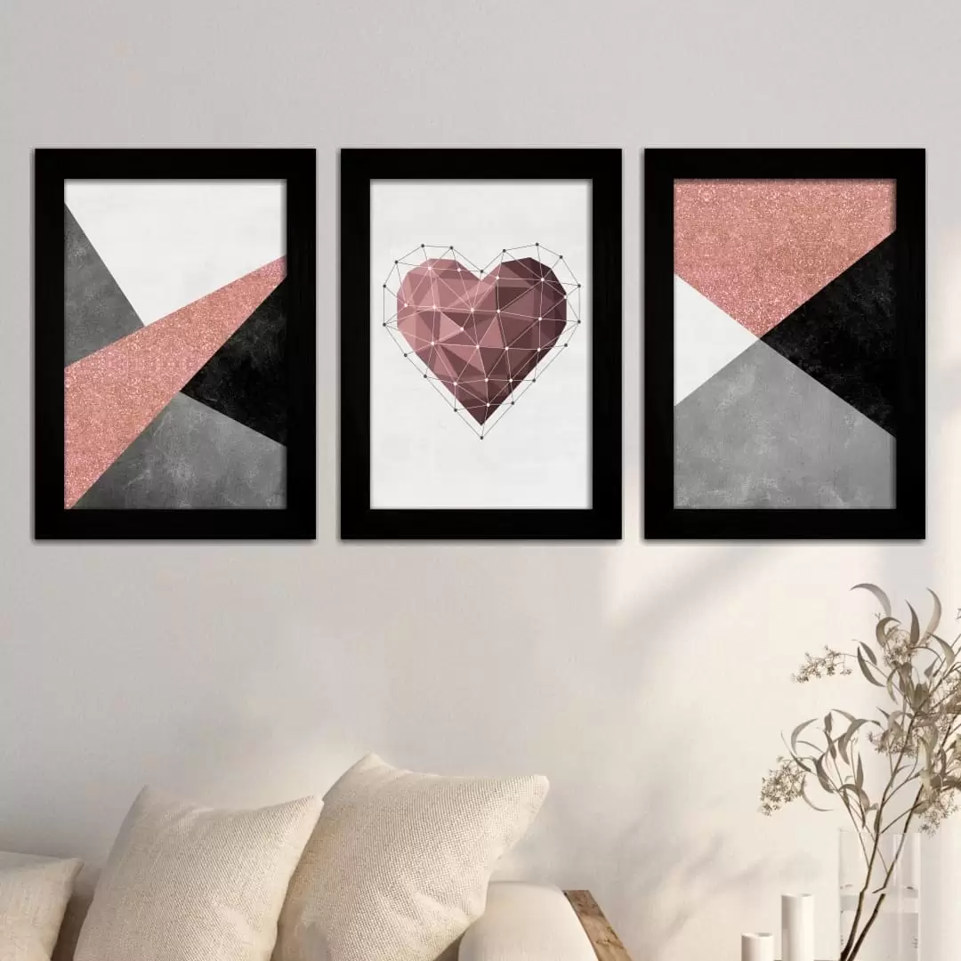 Kit 3 Quadros Coração-geométrico - Moldura Preta -