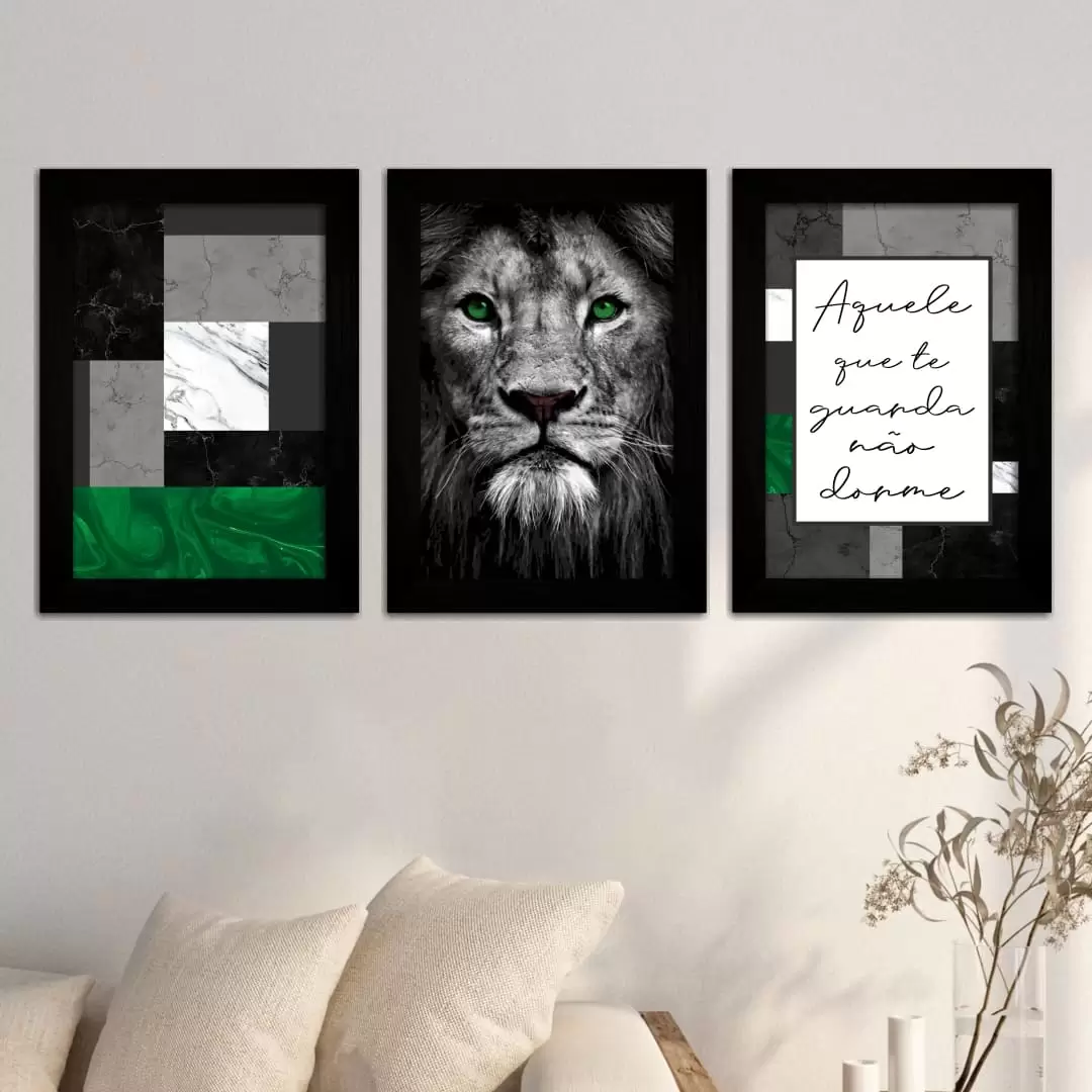 Kit 3 Quadros-Frase Leão-olhos-verdes - Moldura Preta - Kit 3 Quadros-Frase Leão-olhos-verdes - Moldura Preta -