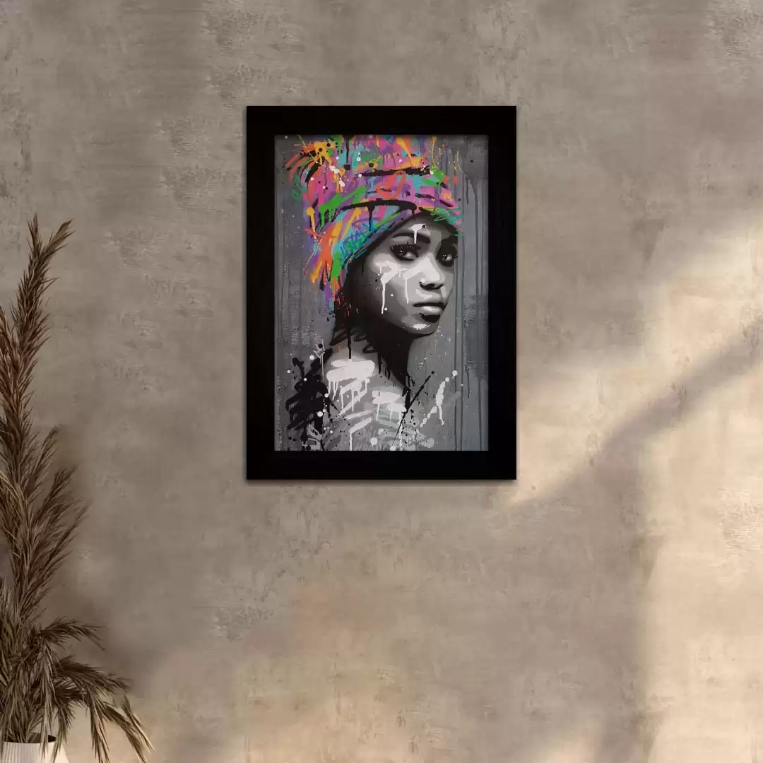 Quadro Decorativo Negra Turbante-Colorido - Moldura Preta - Quadro Decorativo Negra Turbante-Colorido - Moldura Preta -