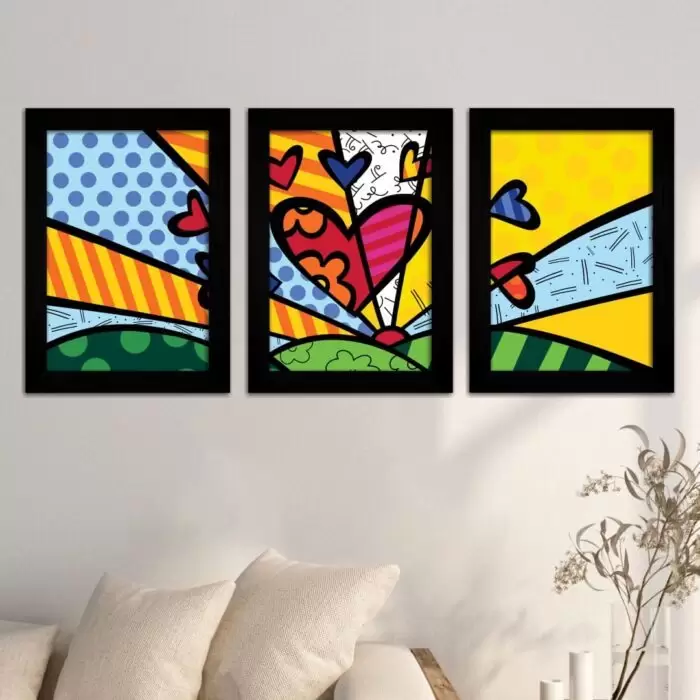 Kit 3 Quadros Abstrato... - Moldura Preta -