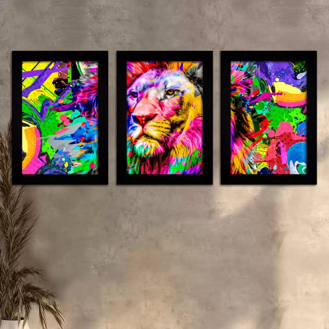 Kit-3 Quadros Leão Mult-color - Moldura Preta -