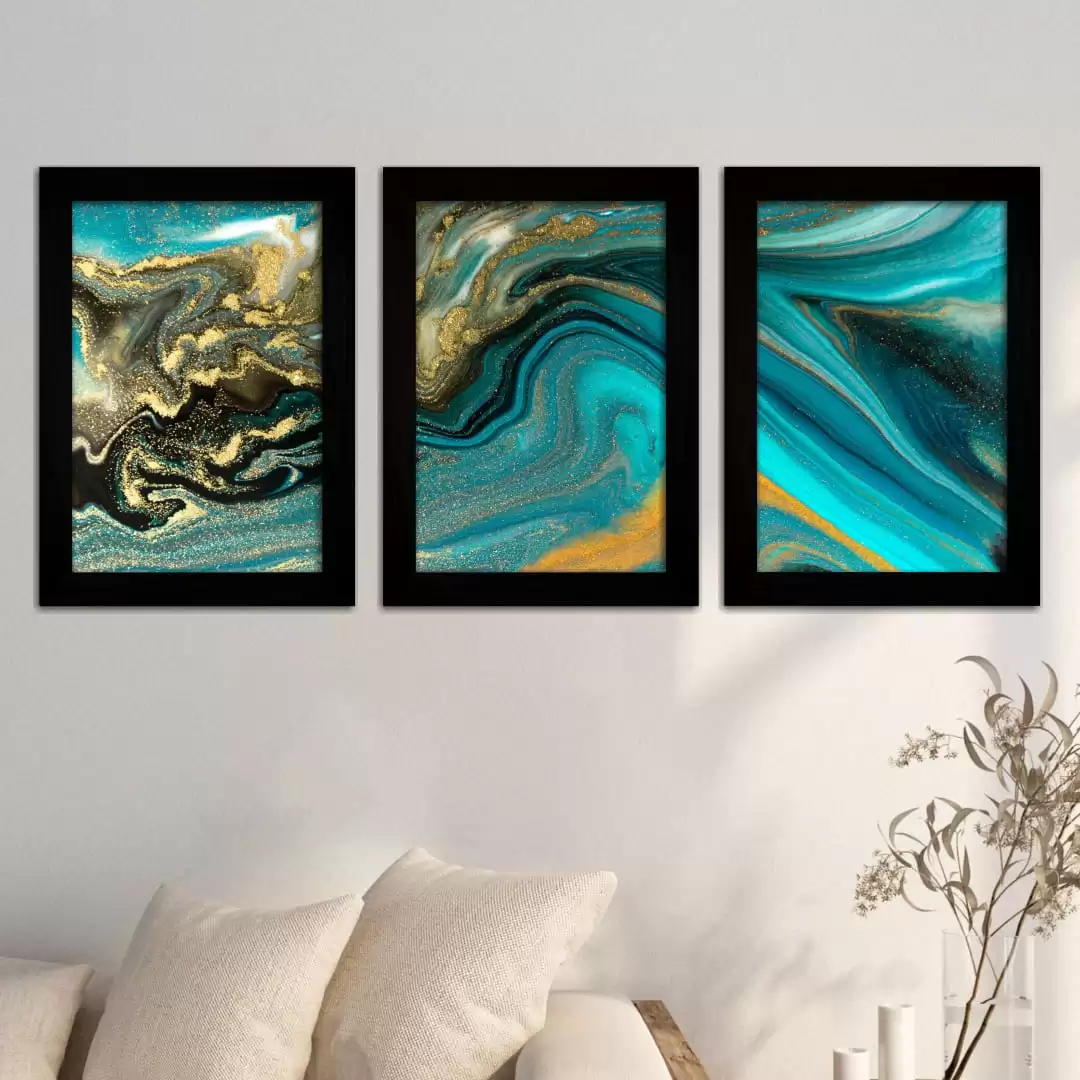 Kit 3 Quadros Abstrato-Azul - Moldura Preta - Kit 3 Quadros Abstrato-Azul - Moldura Preta -