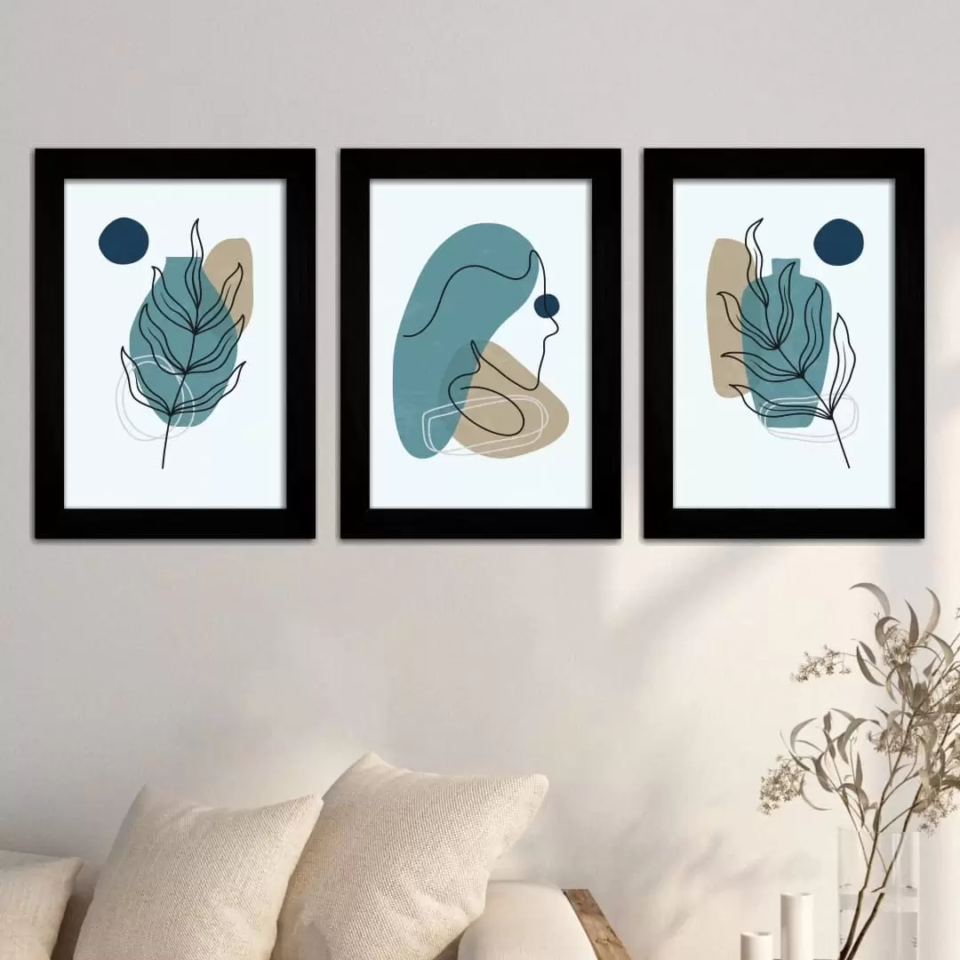 Kit 3Quadros Boho-Chic azul - Moldura Preta -