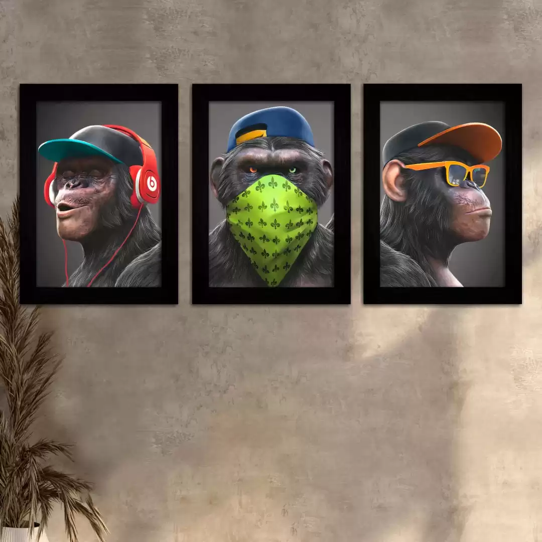 Kit 3 Quadros Macacos-Drip - Moldura Preta -