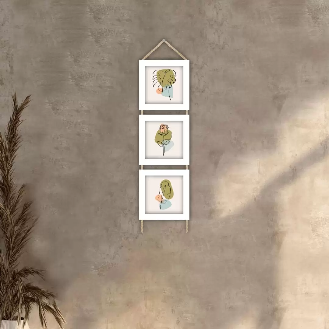 Quadros decorativos - Trio de cordinha - Moldura Branca - Plantas Boho Chic