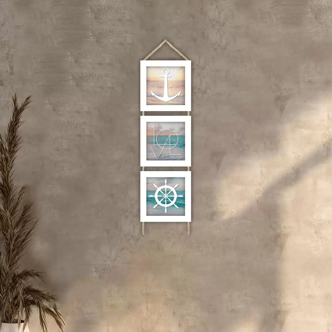 Quadros decorativos - Trio de cordinha - Moldura Branca - Mar