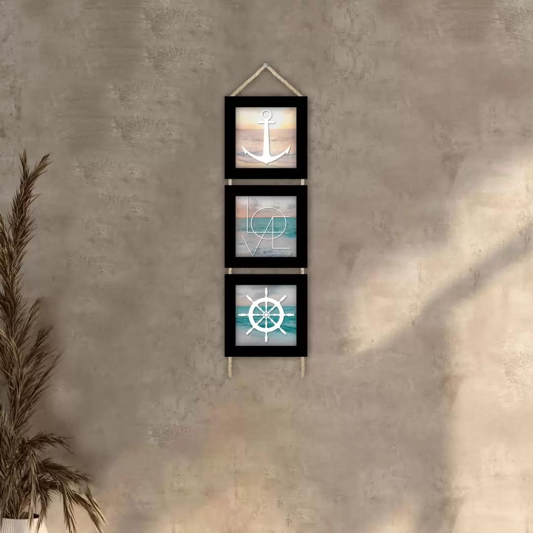 Trio Quadrinhos com Corda - Mar - Moldura Preta - Trio Quadrinhos com Corda - Mar - Moldura Preta -