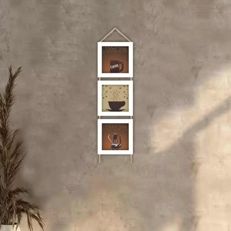 Quadros decorativos - Trio de cordinha - Moldura Branca - Café