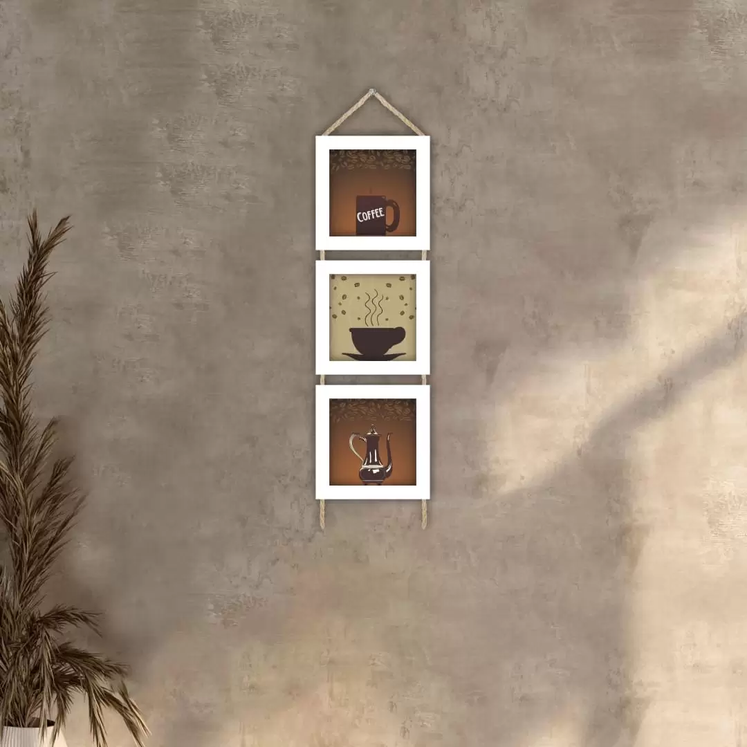 Quadros decorativos - Trio de cordinha - Moldura Branca - Café