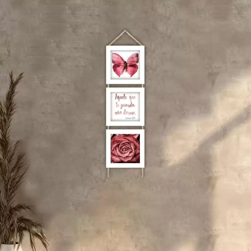 Quadros decorativos - Trio de cordinha - Moldura Branca - Aquele que te guarda não dorme