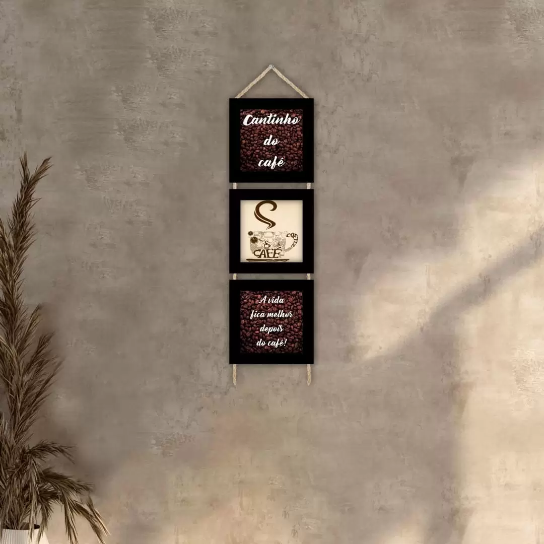 Trio Quadrinhos com Corda Cantinho-do-Café - Moldura Preta -