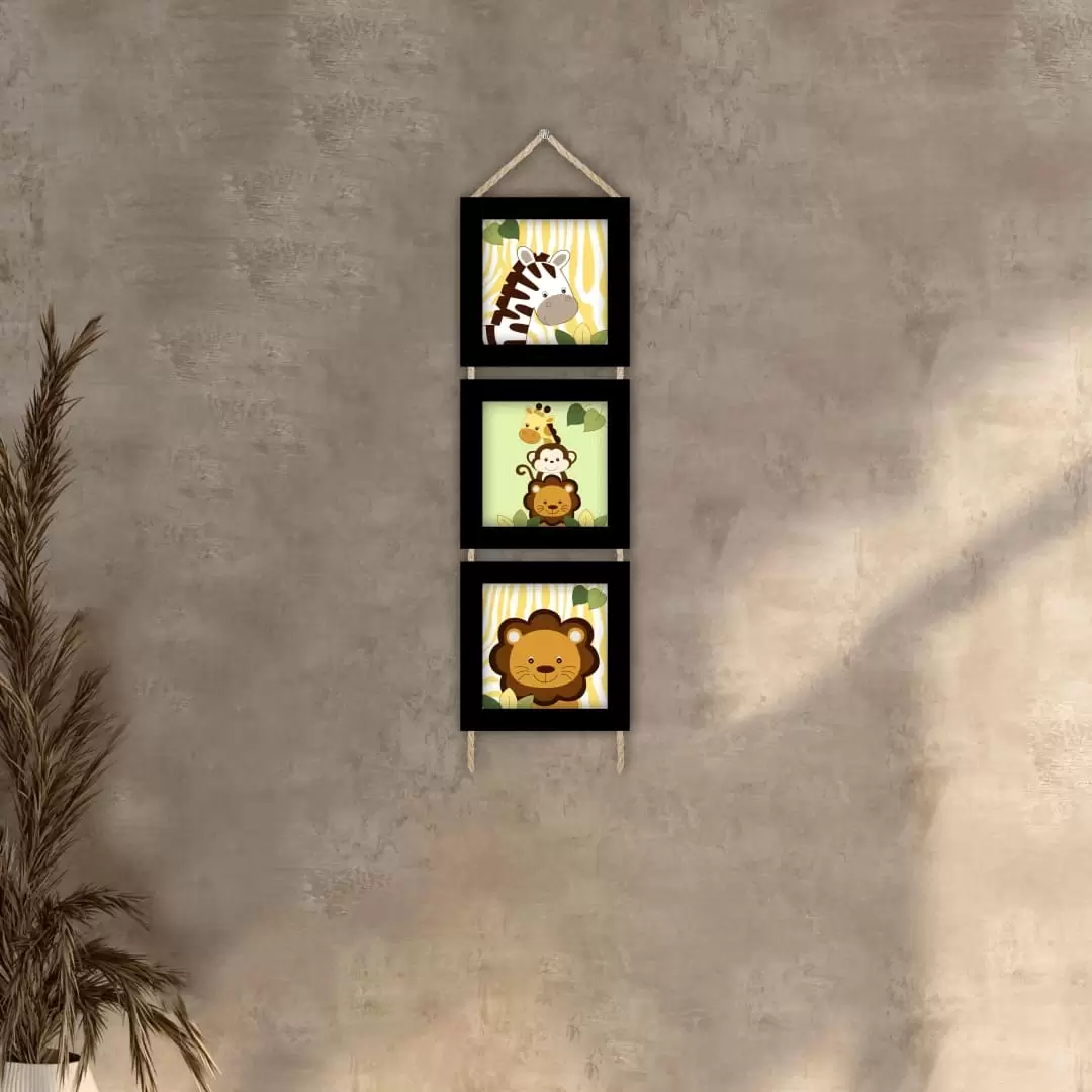 Trio Quadrinhos com Corda Safari-infantil - Moldura Preta -