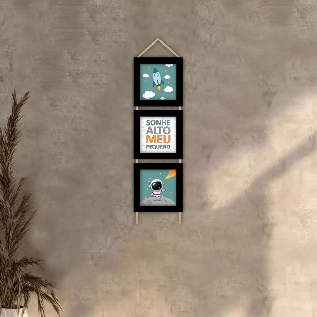 Trio Quadrinhos com Corda - Sonhe-alto - Moldura Preta - Trio Quadrinhos com Corda - Sonhe-alto - Moldura Preta -