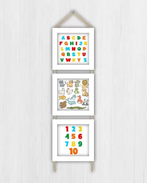 Quadros decorativos - Trio de cordinha - Moldura Branca - Alfabeto