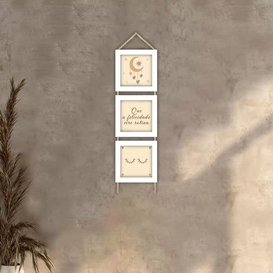 Quadros decorativos - Trio de cordinha - Moldura Branca - Que a felicidade vire rotina