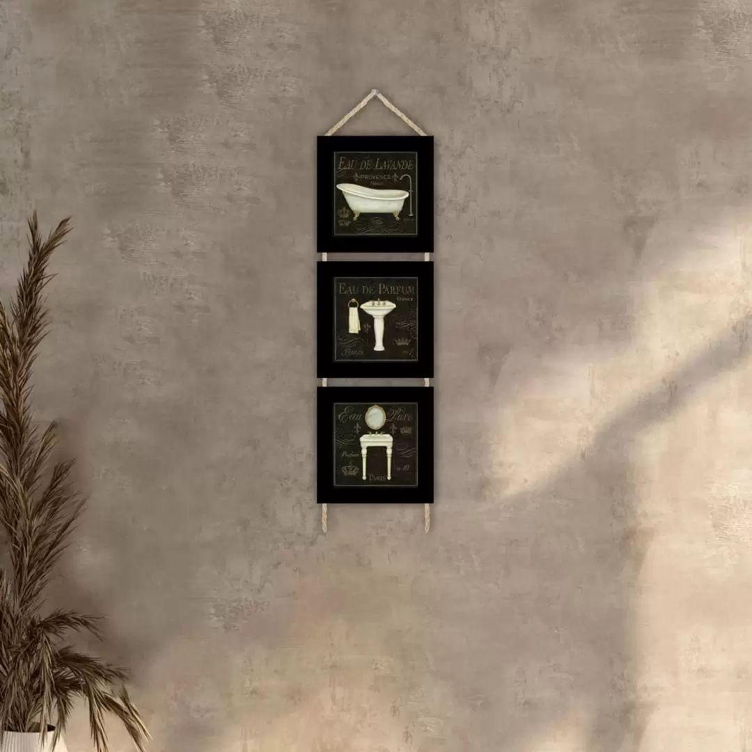 Quadros decorativos - Trio de cordinha - Moldura Preta - Banheiro