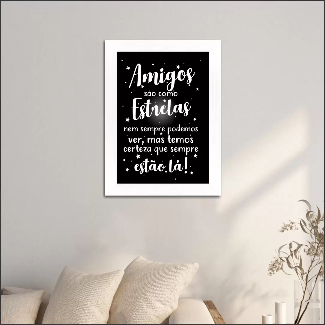 Quadro Decorativo Frase Amigos São como estrelas - Moldura Branca Ambientado