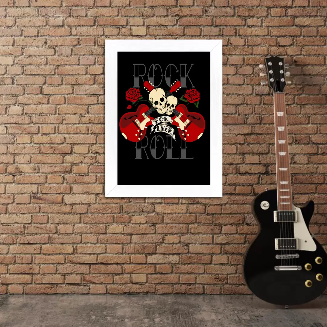 Quadro Decorativo Musica - Rock Roll For Ever - Moldura Branca Ambientado