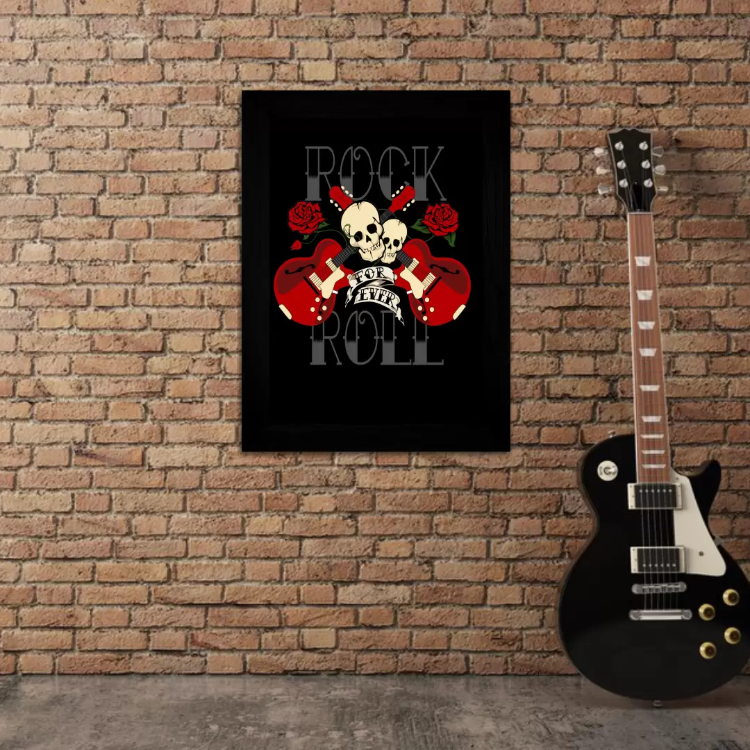 Quadro Decorativo Musica - Rock Roll For Ever - Moldura Preta Ambientado
