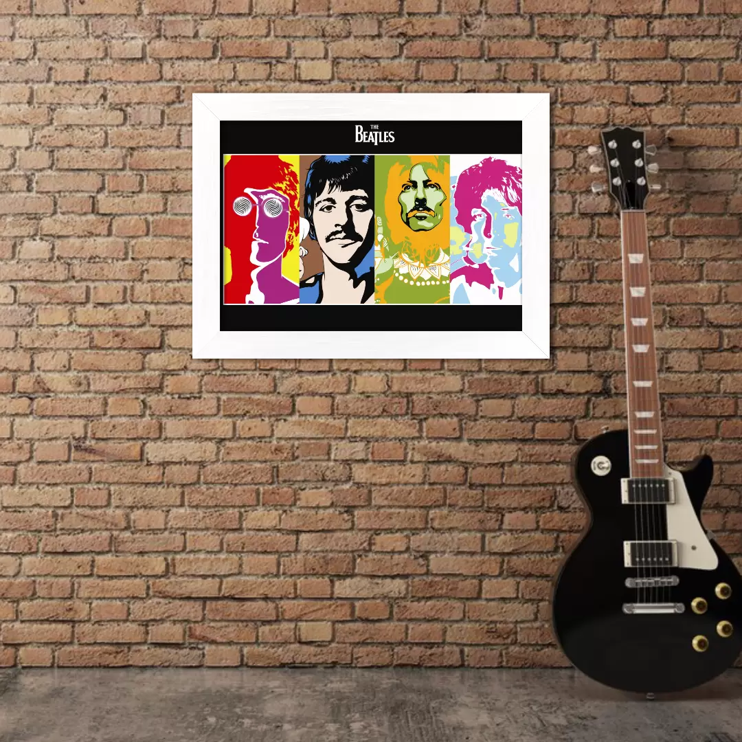 Quadro Decorativo Musica - The Beatles cor invertida - Moldura Branca Ambientado