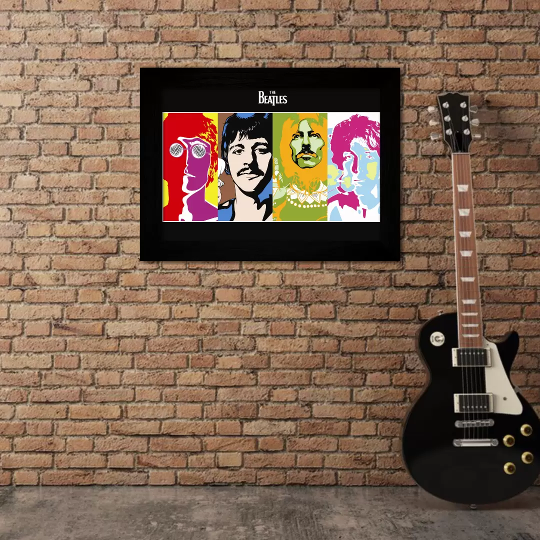 Quadro Decorativo Musica - TheBeatles cor invertida - Moldura Preta Ambientado