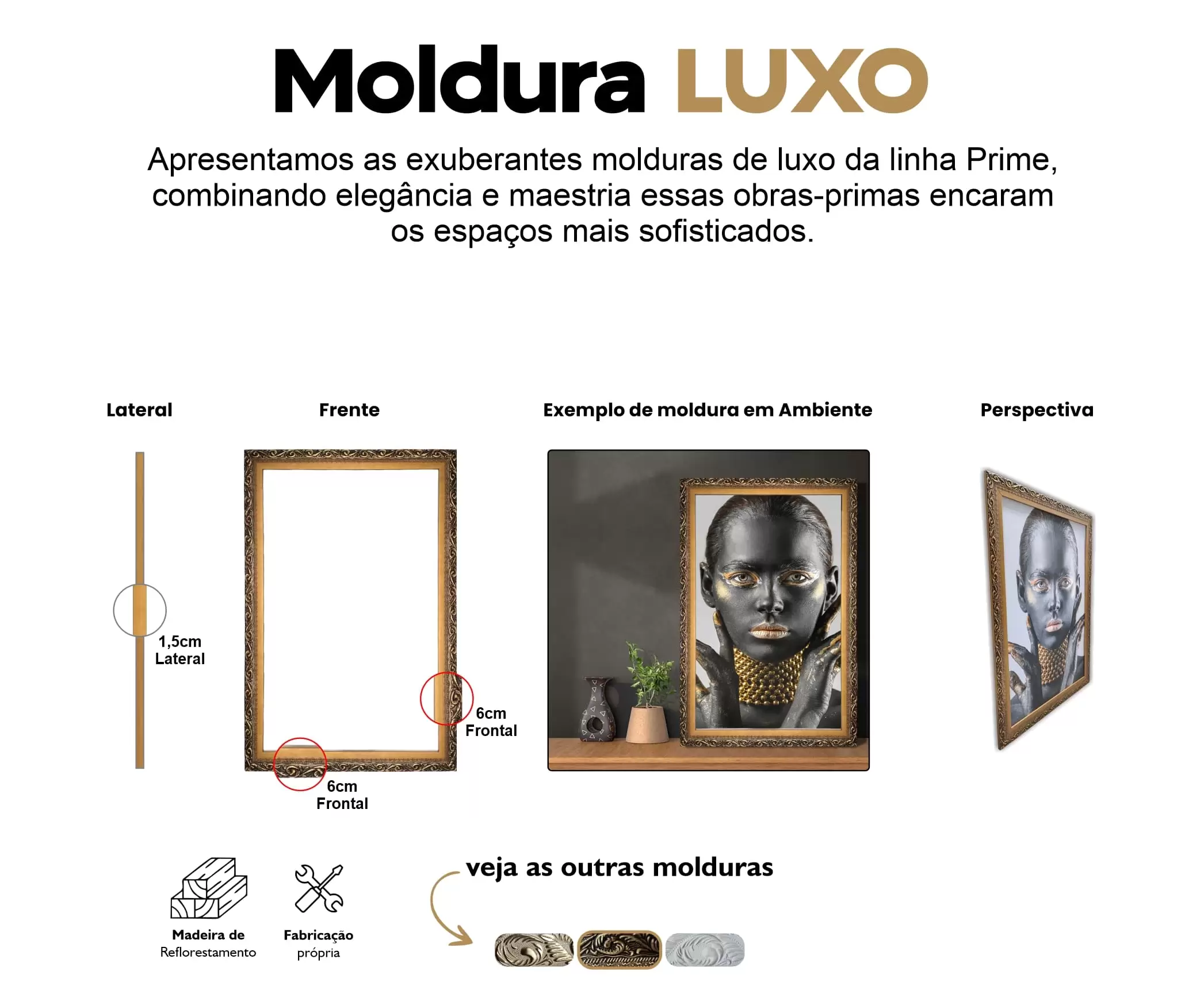 Ideal para quem gosta de Luxo. Uma moldura específica para a linha Prime. Moldura de luxo da cor Dourada.