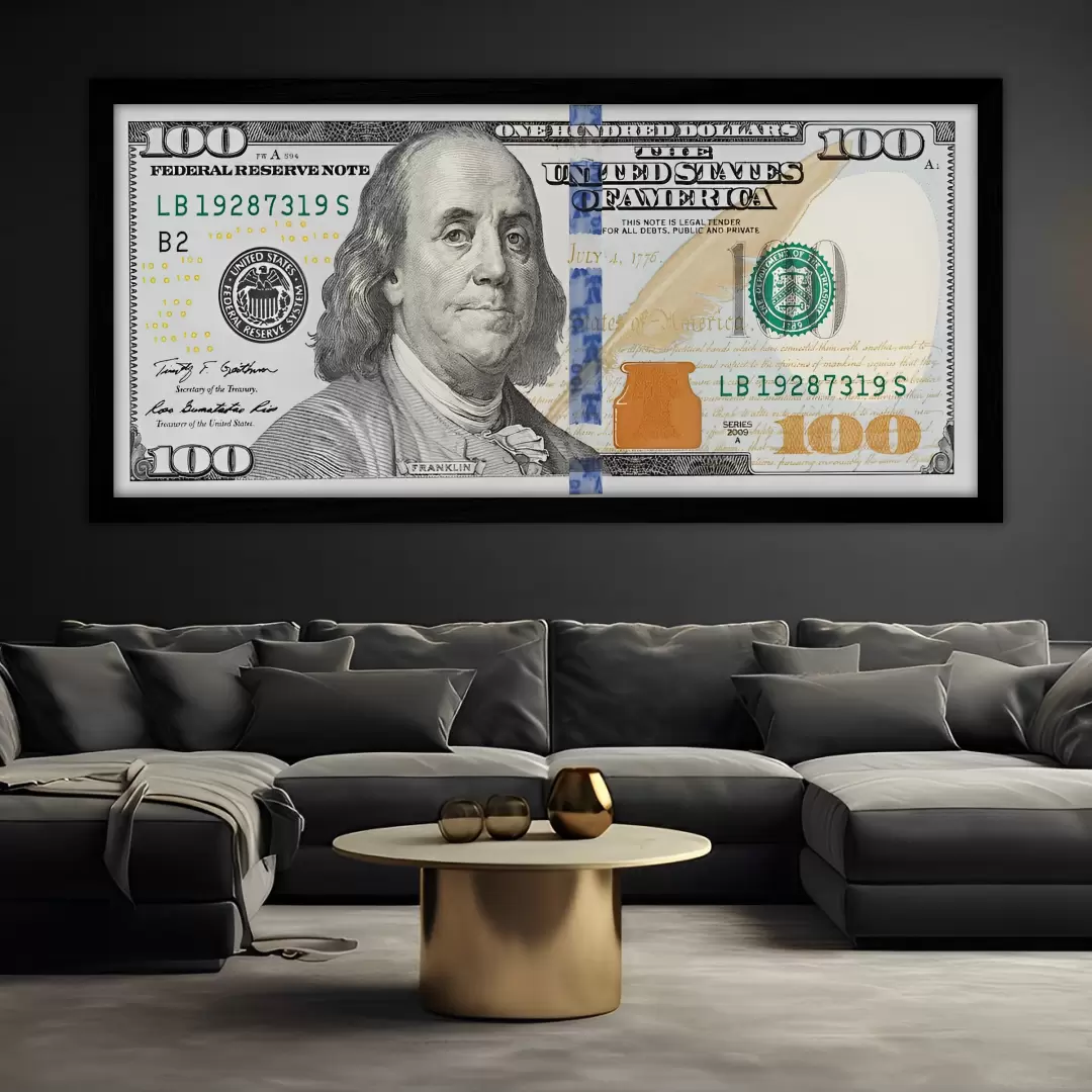 Quadro Decorativo Dólar - Modelo Panoramico - Moldura Modesta Preta Ambientado