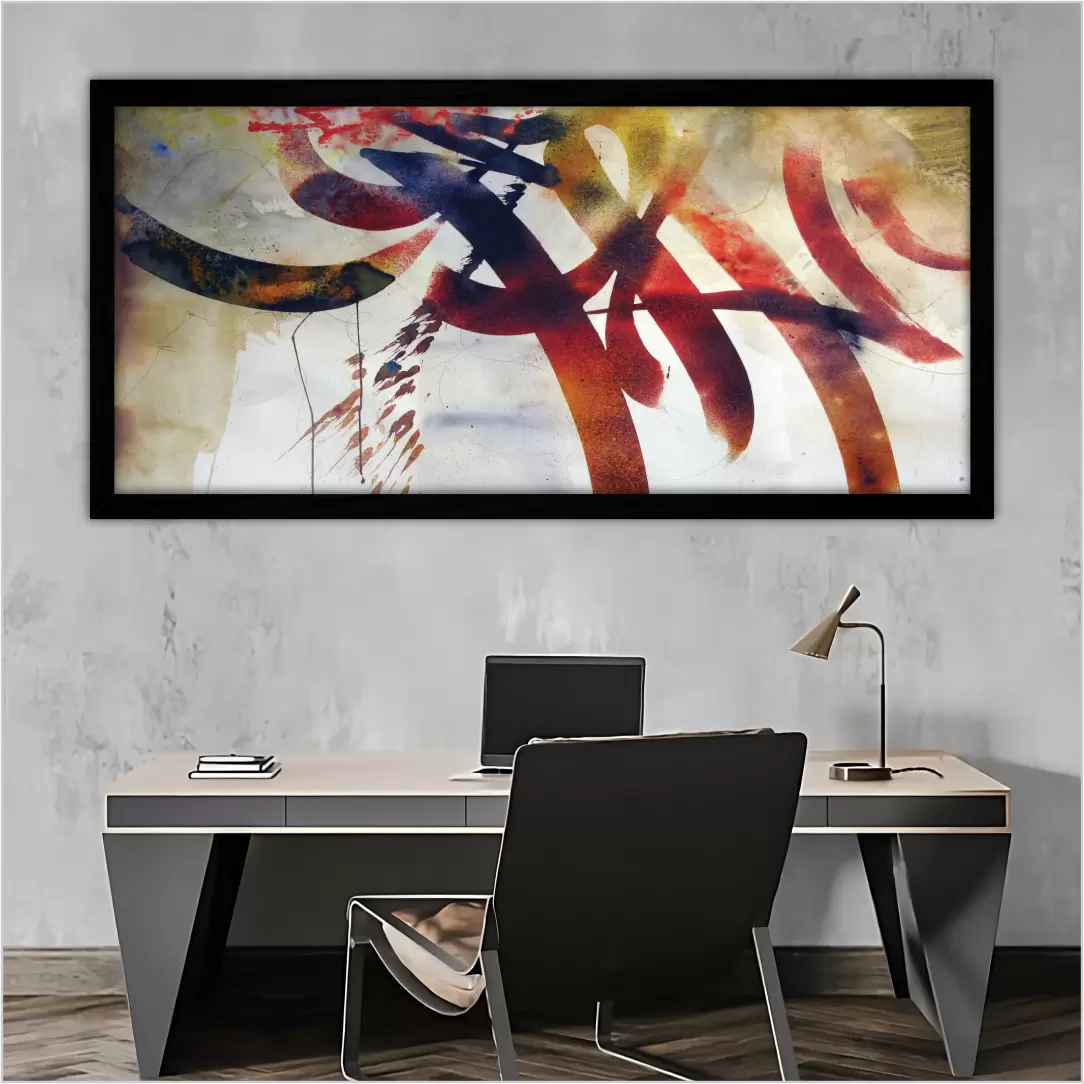 Quadro Decorativo Abstrato - Modelo Panoramico - Moldura Modesta Preta Ambientado