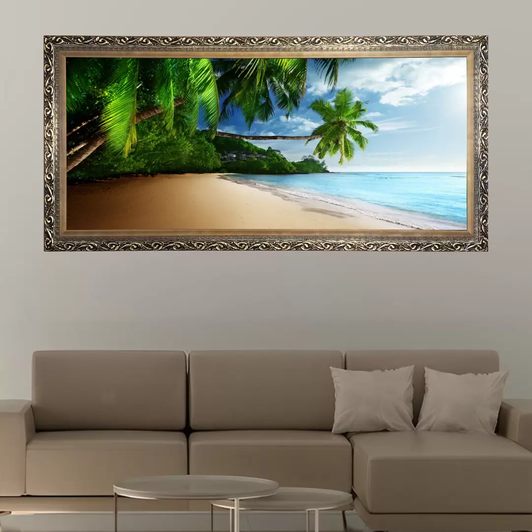 Quadro Decorativo Praia - Modelo Panoramico - Moldura Luxo Dourada Ambientado