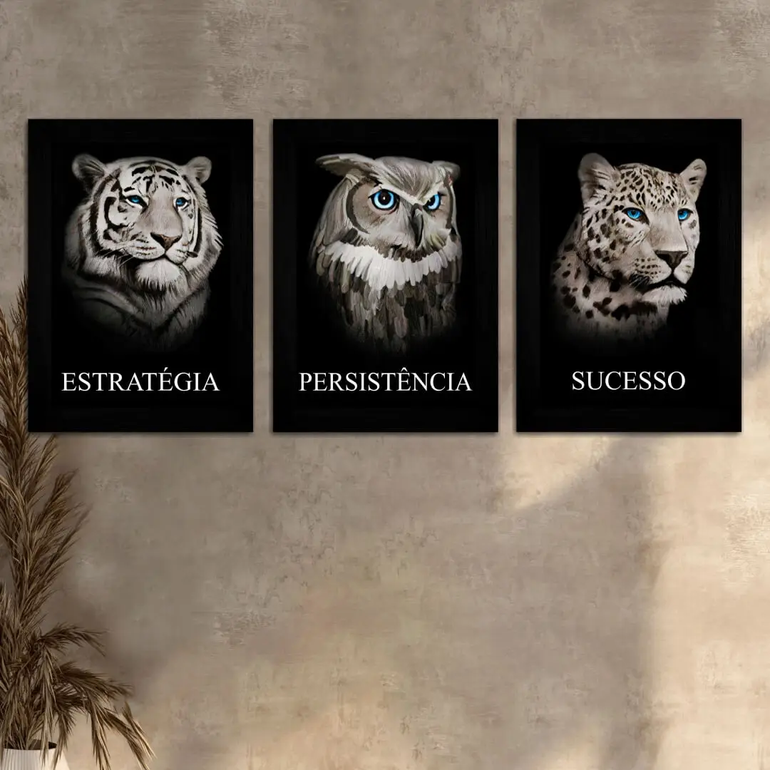 Kit 3 Quadros Estratégia... - Moldura Preta Ambientado