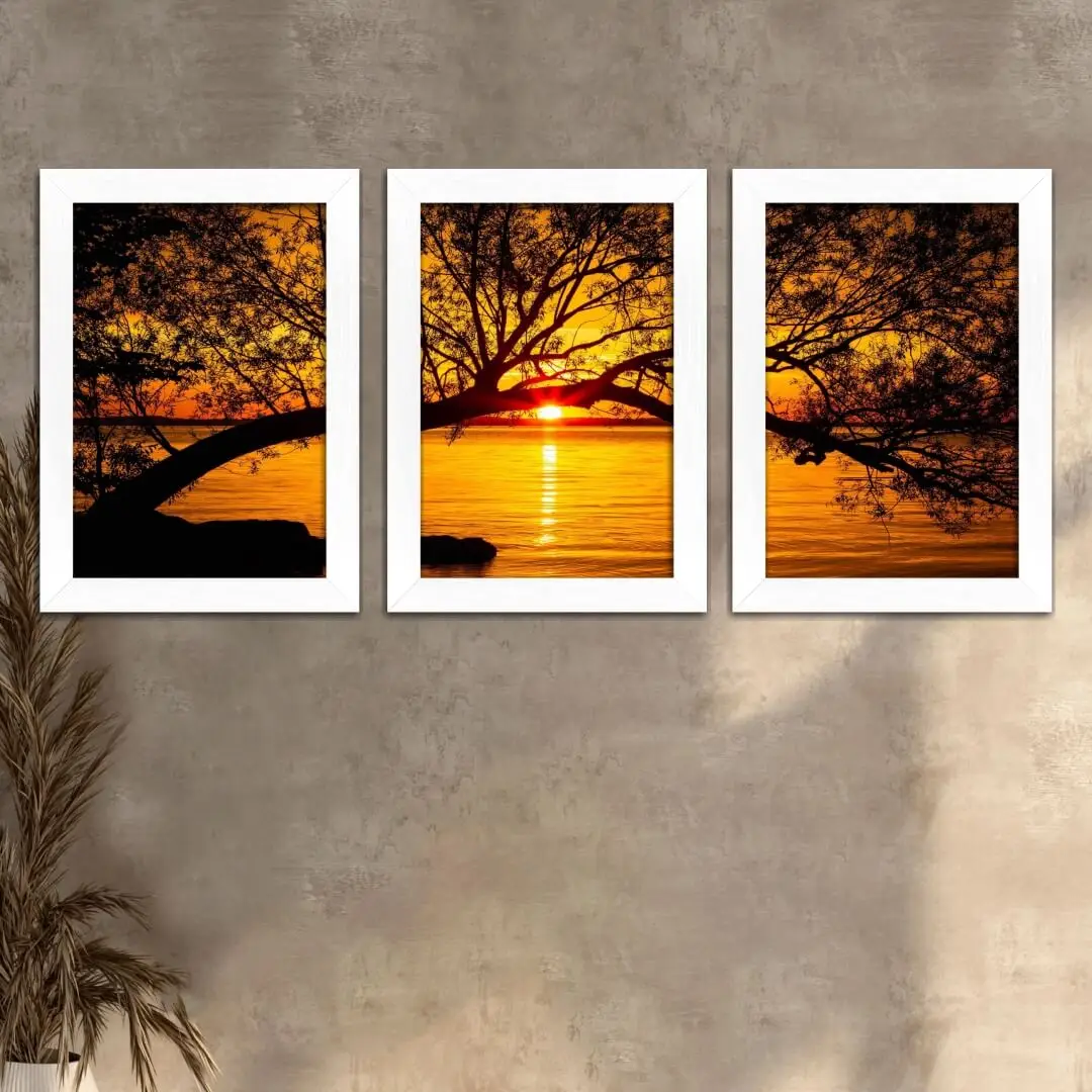 Kit 3 Quadros Paisagem - Moldura Branca Ambientado