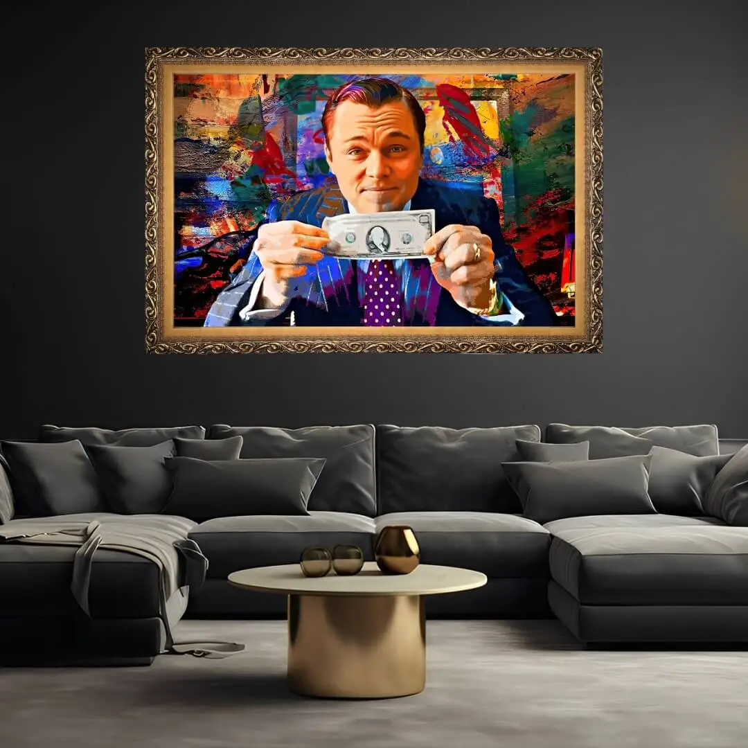 Quadro Decorativo Lobo WallStreet - Modelo Big - Moldura Luxo Dourada - Ambientado Quadro Decorativo Lobo WallStreet - Modelo Big - Moldura Luxo Dourada - Ambientado