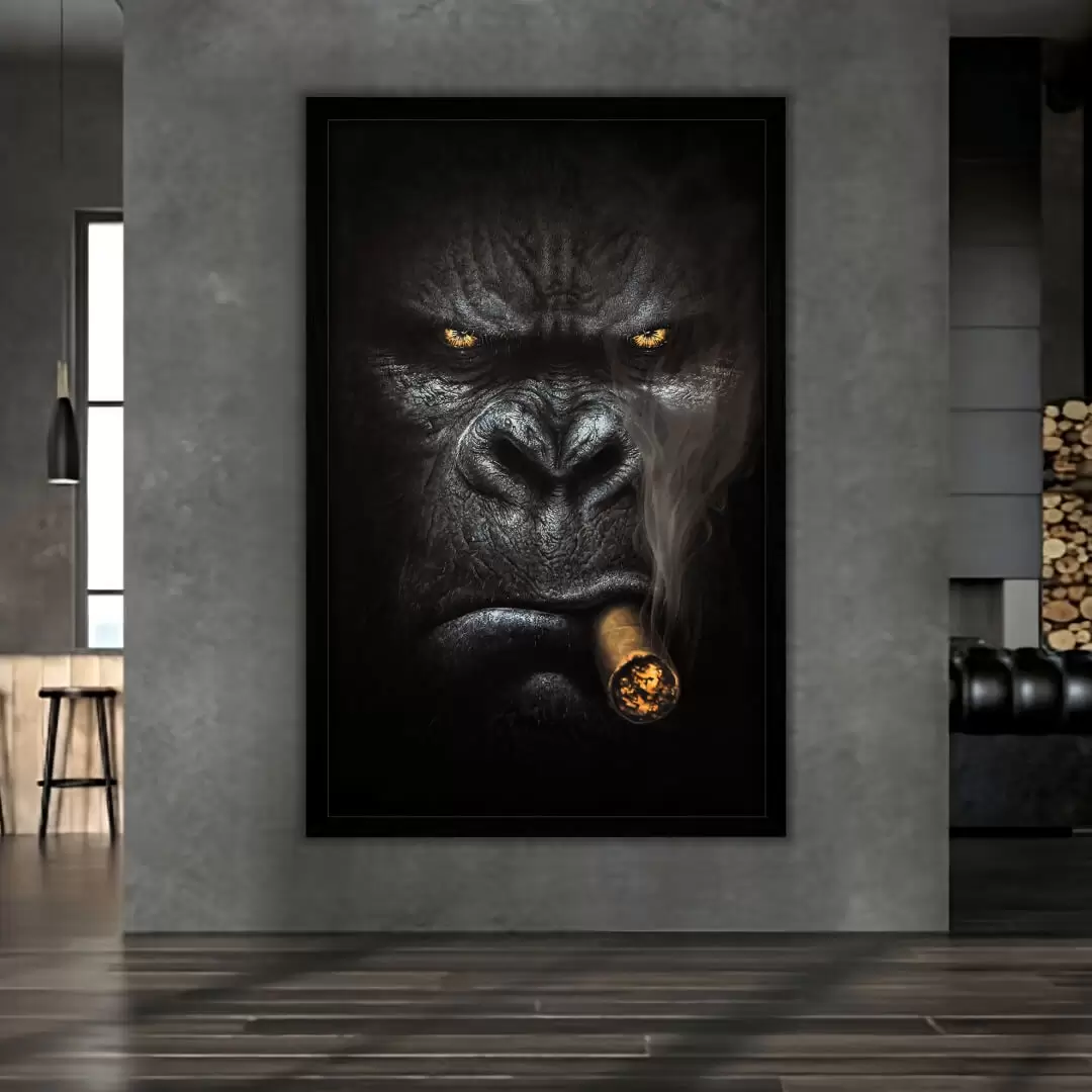 Quadro Decorativo Gorila Charuto - Modelo Big - Moldura Modesta Preta Ambientado