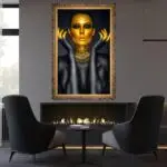Quadro Decorativo Rosto Dourado - Modelo Big - Moldura Luxo Dourada Ambientado