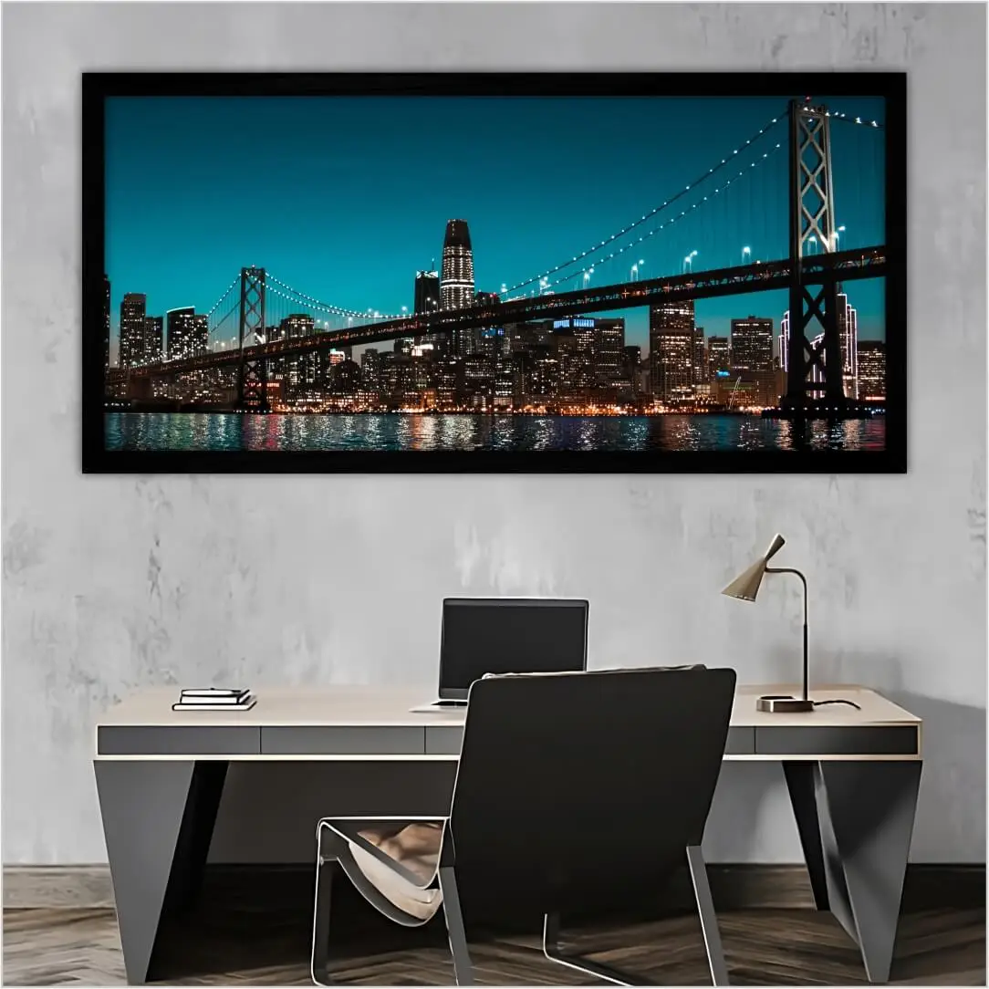 Quadro Decorativo Bay Bridge - Modelo Panoramico - Moldura Modesta Preta Ambientado
