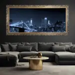 Quadro Decorativo Brooklyn Bridge - Modelo Panoramico - Moldura Luxo Dourada Ambientado