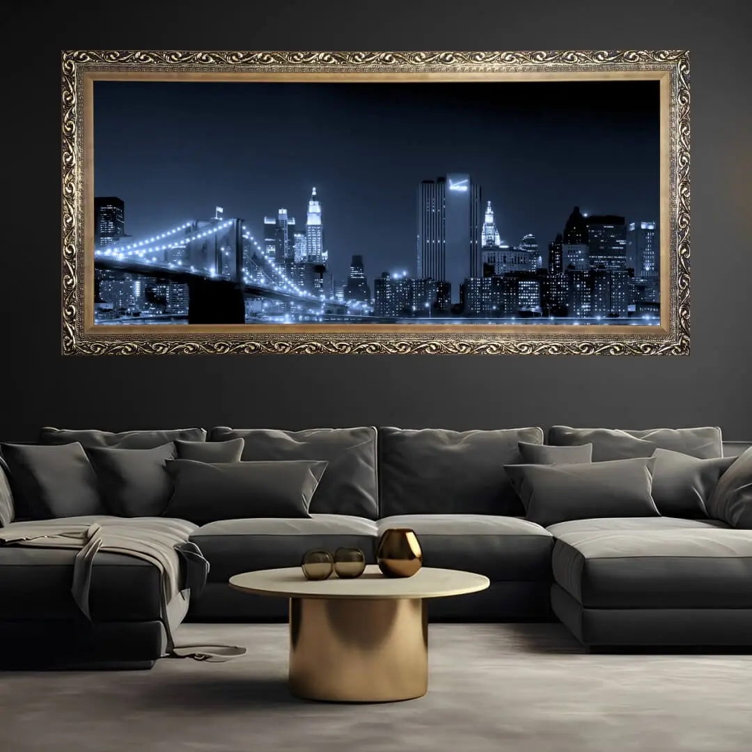 Quadro Decorativo Brooklyn Bridge - Modelo Panoramico - Moldura Luxo Dourada Ambientado