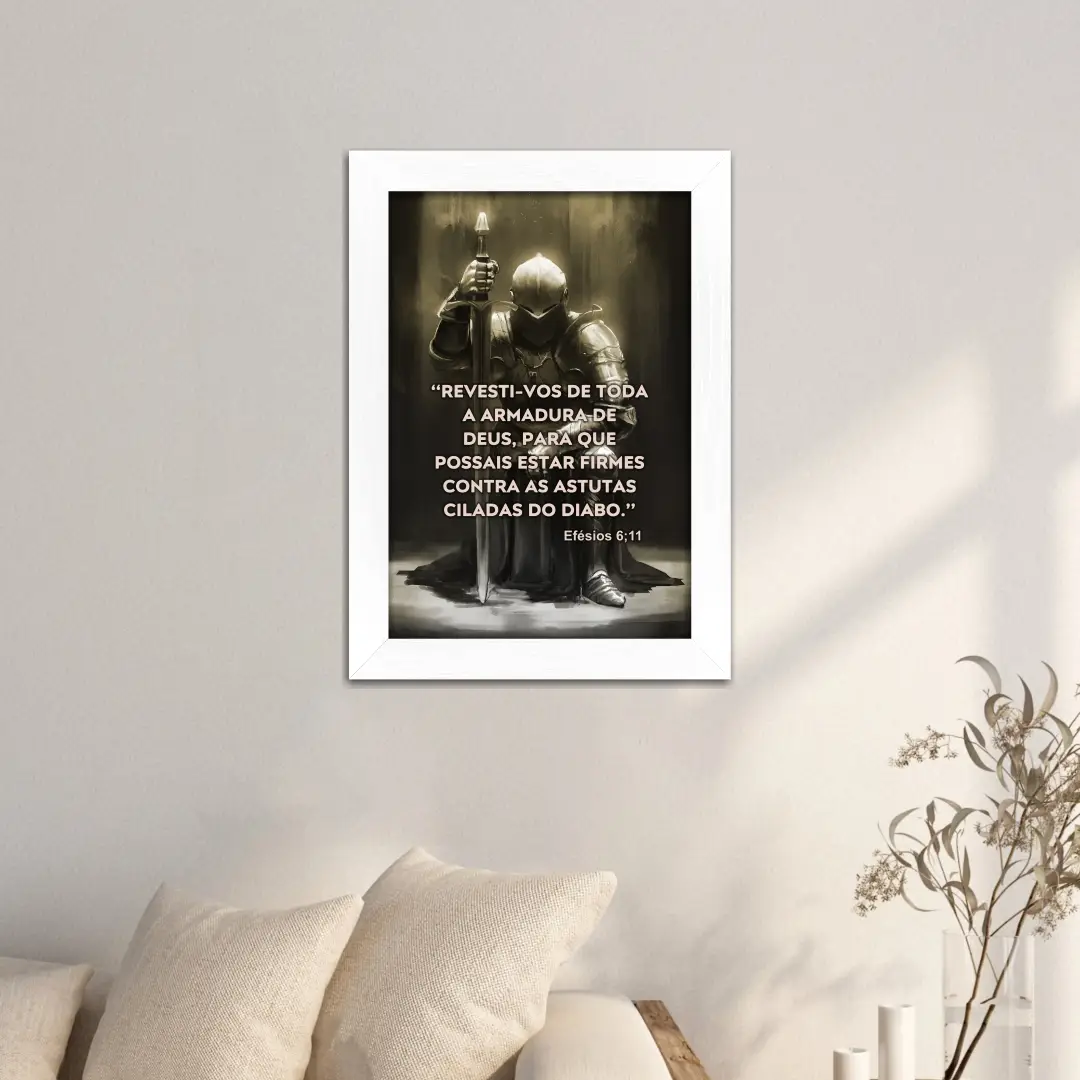 Quadro Decorativo Guerreiro Templário - Modelo Classico - Moldura Branca - Ambientado