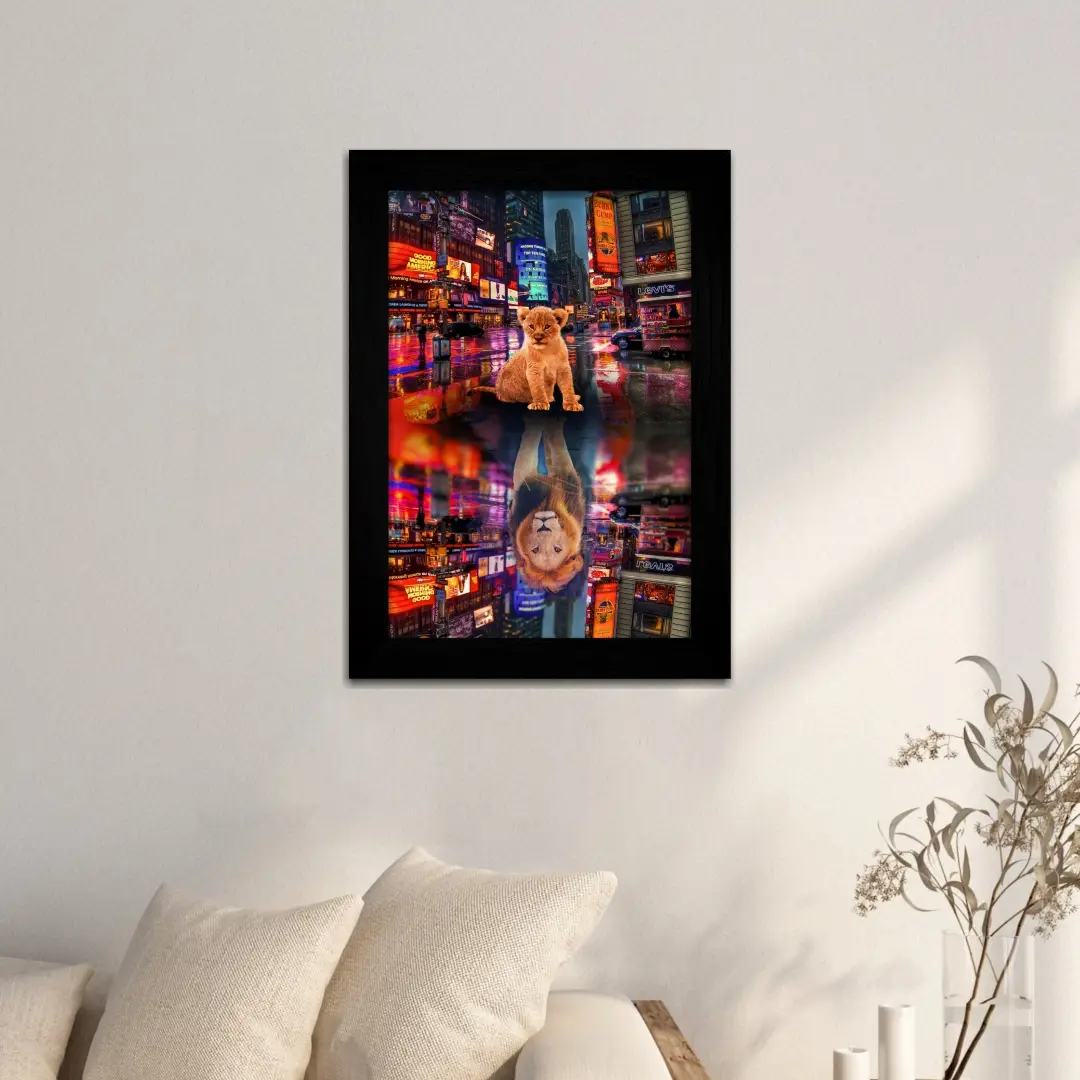 Quadro Decorativo Leão Times-Square - Modelo Classico - Moldura Preta -AMbientado Quadro Decorativo Leão Times-Square - Modelo Classico - Moldura Preta -AMbientado