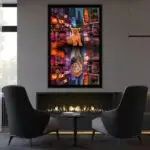 Quadro Decorativo Leão Time-Square - Modelo Bigs - Moldura modesta Preta - Ambientado