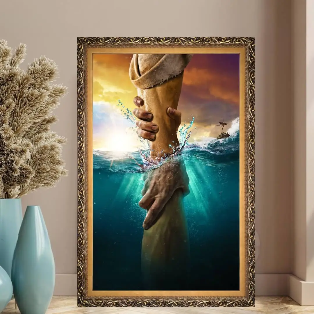 Quadro Decorativo Mão Jesus - Modelo Big - Moldura Luxo Dourada - Ambientado Quadro Decorativo Mão Jesus - Modelo Big - Moldura Luxo Dourada - Ambientado