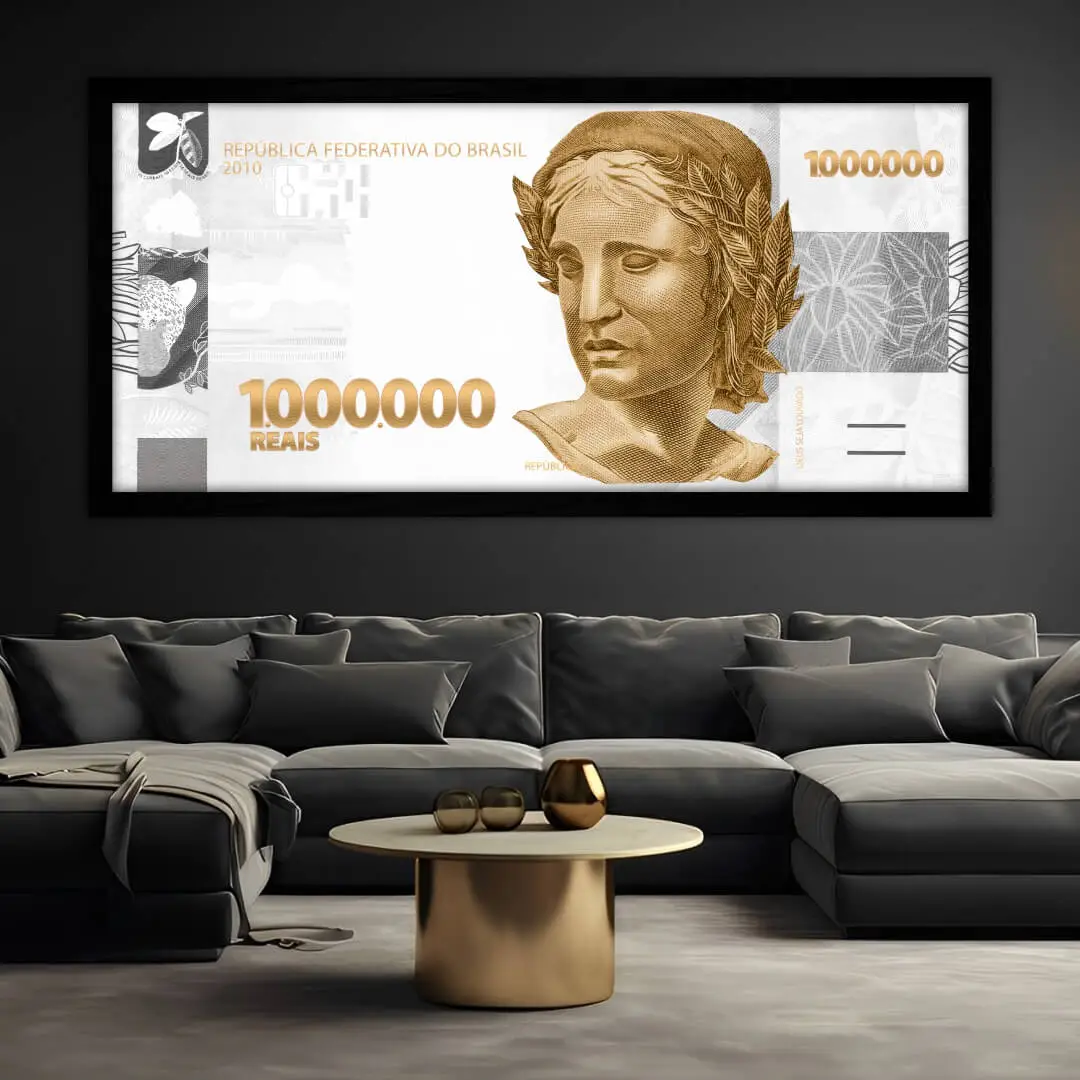 Quadro Decorativo Real Branco-Dourado - Modelo Panoramico - Moldura modesta preta - Ambientado