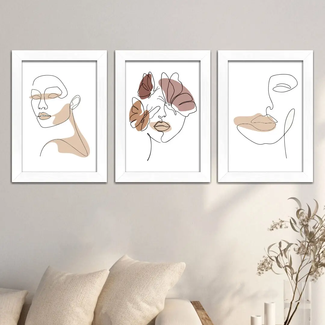 Kit 3 Quadros Boho-Chic Rostos - Modelo Classico - Moldura Branca - Ambientado