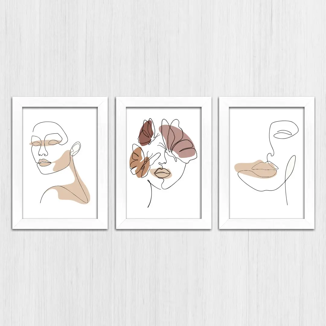 Kit 3 Quadros Boho-Chic Rostos - Modelo Classico - Moldura Branca