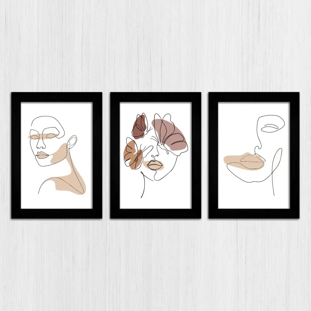 Kit 3 Quadros Boho-Chic Rostos - Modelo Classico - Moldura Preta