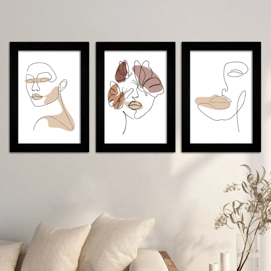 Kit 3 Quadros Boho-Chic Rostos - Modelo Classico - Moldura Preta - Ambientado
